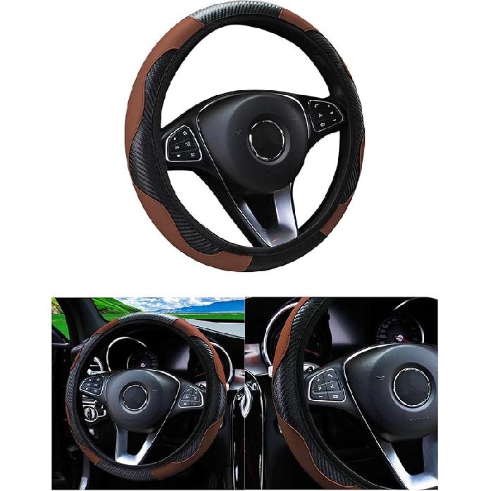 Car Steering Wheel Cover, 15 Inch Carbon Fiber Microfiber PU Leather Elastic Steering Wheel Protector For Men Women, Anti-Slip Breathable Car