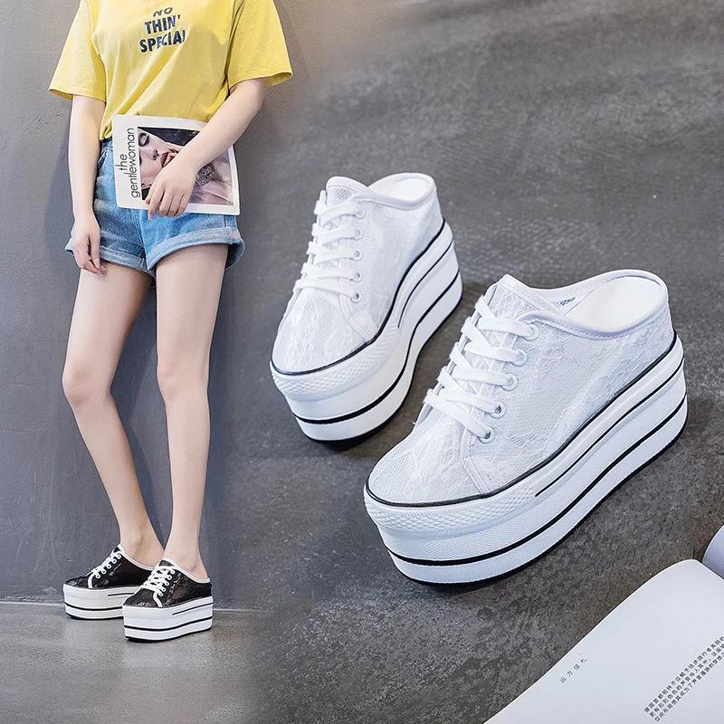 Fashion 2025 Summer Lace Breathable Mesh Shoes, Inner Height, Women's Shoes, Covered Head, Half Slippers, Women's Outer