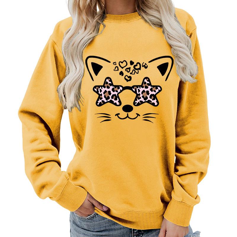 Leopard Print Round Neck Women's Hoodie - Autumn/Winter Casual Loose Fit, European Size