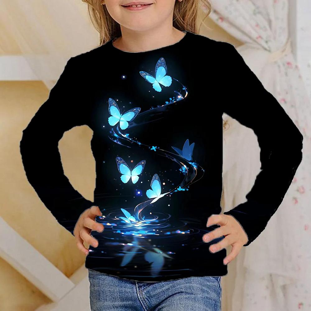 Spring and Autumn Round Neck Butterfly Pattern 3D Printed Top Fashionable Casual Long Sleeved Children's Girl T-shirts