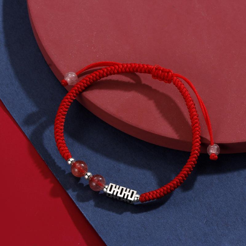 

925 Sterling Silver Double Happiness Couple Bracelets with Strawberry Crystal – Men s and Women s Niche Design Jewelry