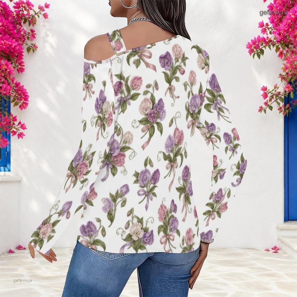 Women Plus Size White Asymmetric Cutout Neck Cold Shoulder Long Sleeve Floral Printed Top