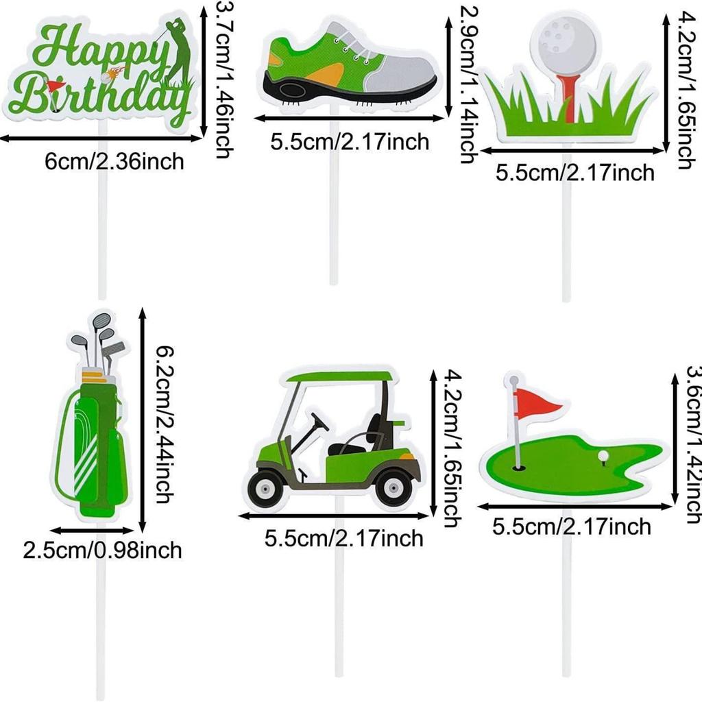 Golf Theme Birthday Cake Toppers 6pcs Set Golf Cart Golf Bag Golf Shoe Golf Ball on Tee Golf Green with Flag Happy Birthday Sign Party Decorations
