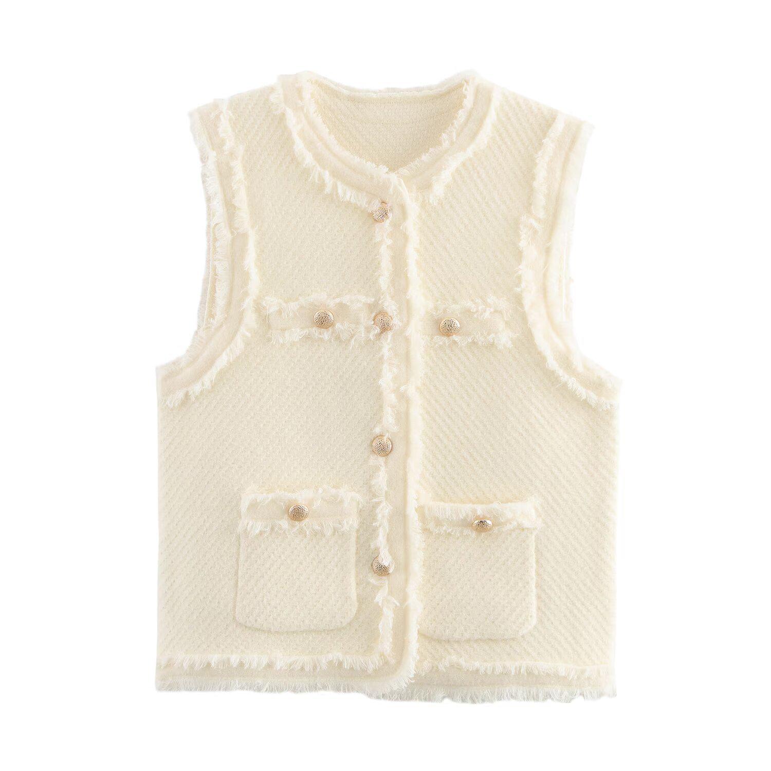 

Весна 2025 Женский трикотажный жилет с бахромой в европейско-американском стиле One Size слоновая кость/белый