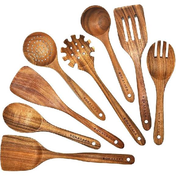 Wooden Spoons for Cooking,10 Pcs Natural Teak Wooden Kitchen Utensils Set Wooden Utensils for Cooking Wooden Cooking Utensils Wooden Spatulas for