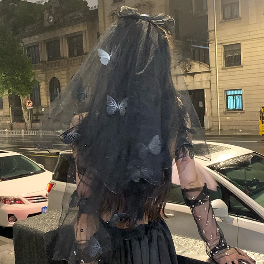 Glowing Lace Veil Butterfly Party Cosplay Ghosted Bride Headwear Accessories Black / White Veil with Butterfly Bows