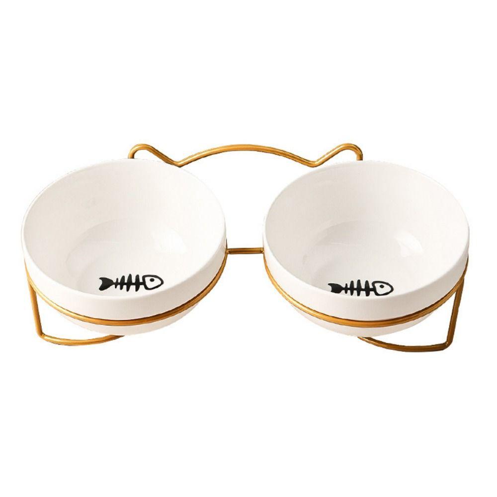 Round Kitten Raised Dish Double Bowl Cat Ceramic Water Bowl Cat Elevated Water Feeder   Puppy