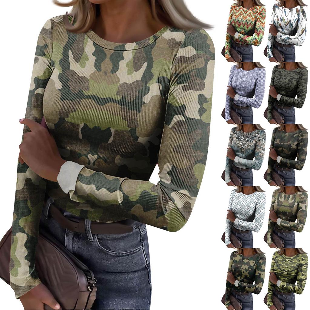 Women's  Slim Bottom T-shirt Fashion Casual Gradient Printing Round Neck Pullover Long Sleeve Top