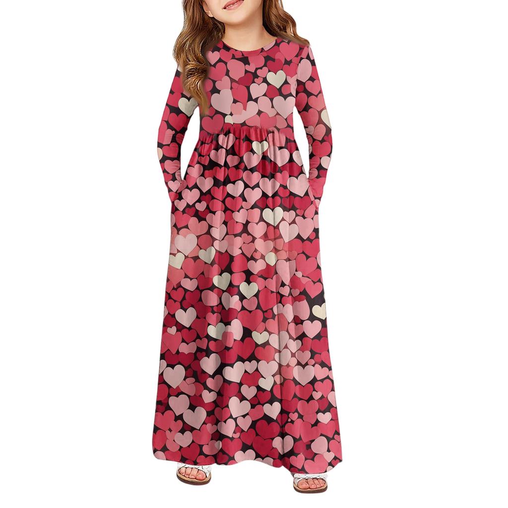 Girls' Maxi Dress - Long Sleeve Pocket Dress Valentine's Day