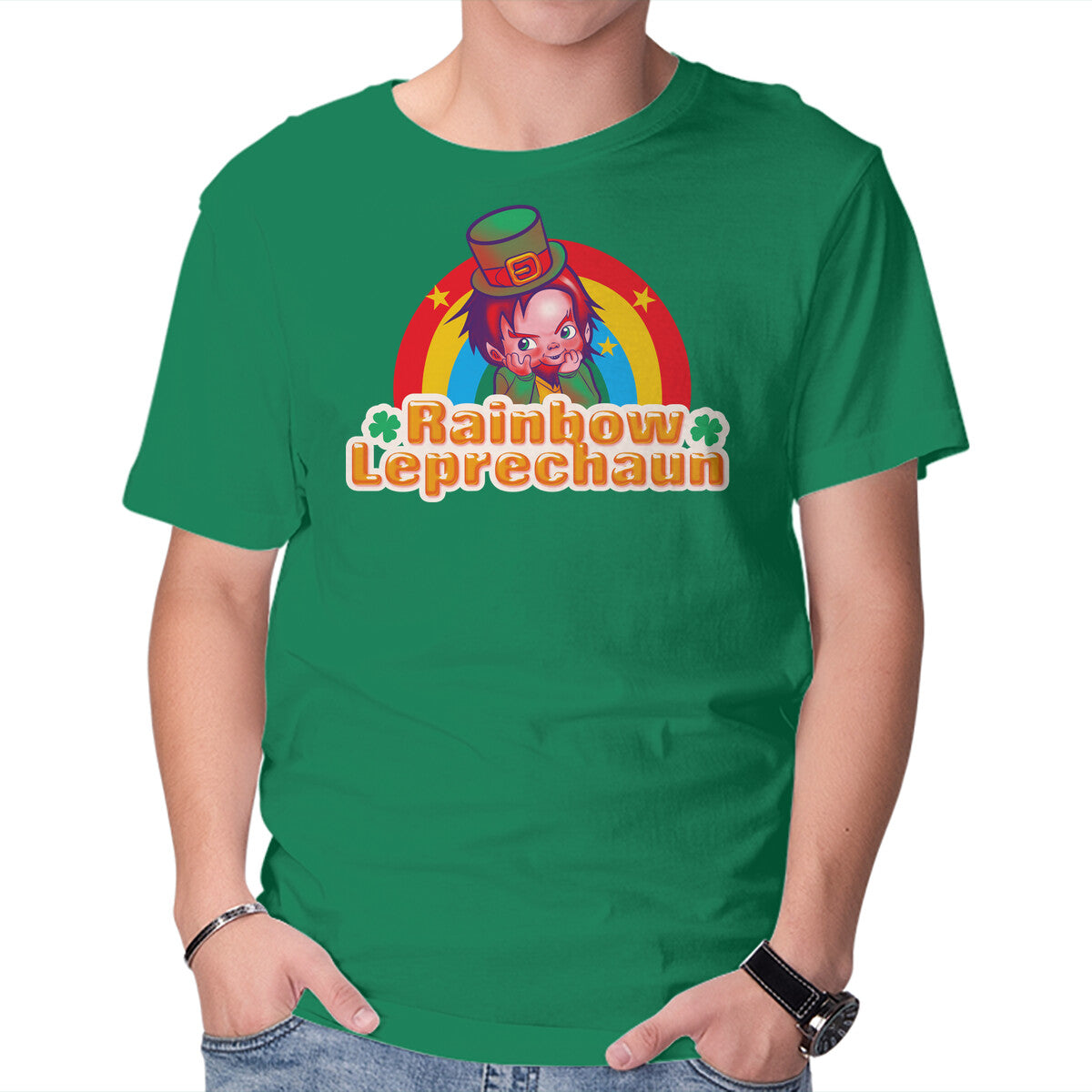 Unisex Crew Neck T-Shirt Rainbow Leprechaun Graphic Short Sleeve Casual Tee L
