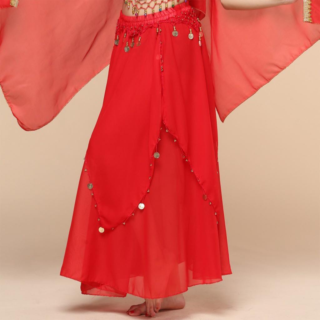 Ladies' Belly Dance Skirt Hanging Coin Skirt Chiffon Big Swing Skirt Performance Dress Shining Stage Performance Dress Shining Half Body Skirt