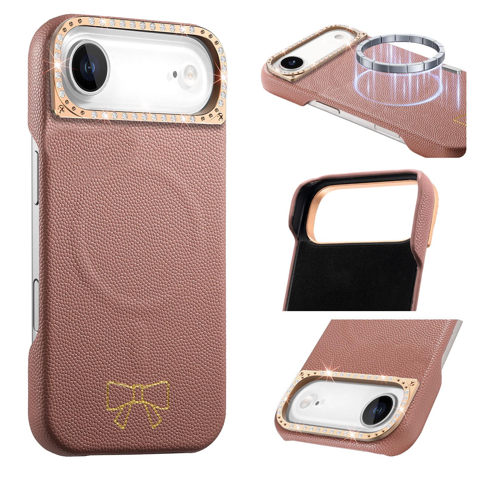 Магнитный чехол для телефона с узором в виде банта для iPhone 17 Pro Max 16 Plus 15, блестящая защита объектива с бриллиантами для Magsafe, тонкий чехол iPhone 15 малиновый