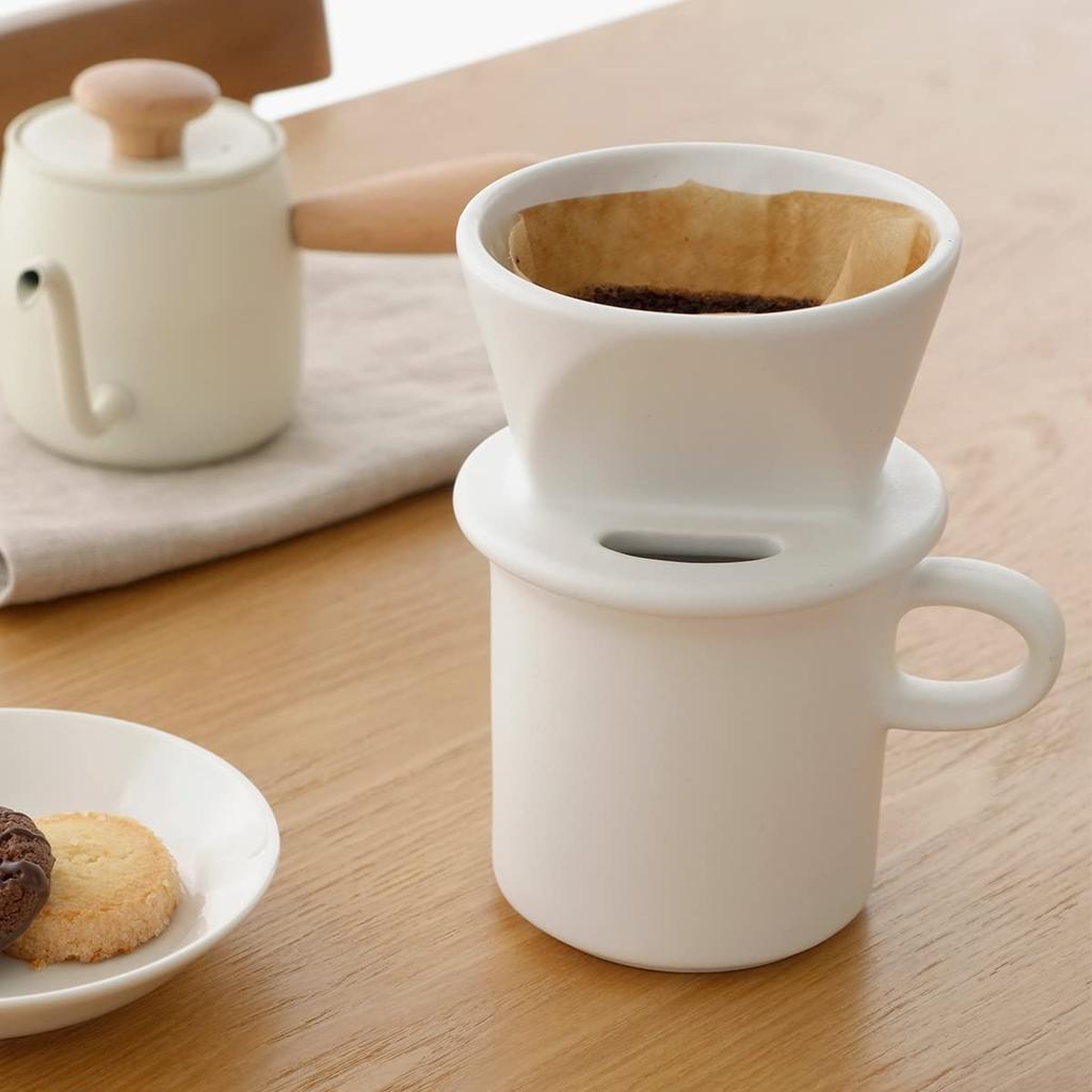 Kamoshika Douguten Ceramic Coffee Dripper and Mug Set for One Person, Banko Ware, Made in Japan (White)