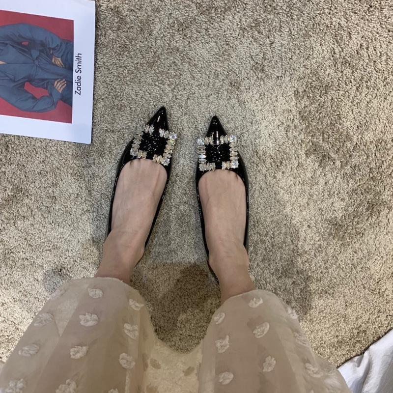 Large size pointed single shoes women's spring and summer new versatile rhinestone late evening breeze gentle laden shoes soft leather soft bottom fl