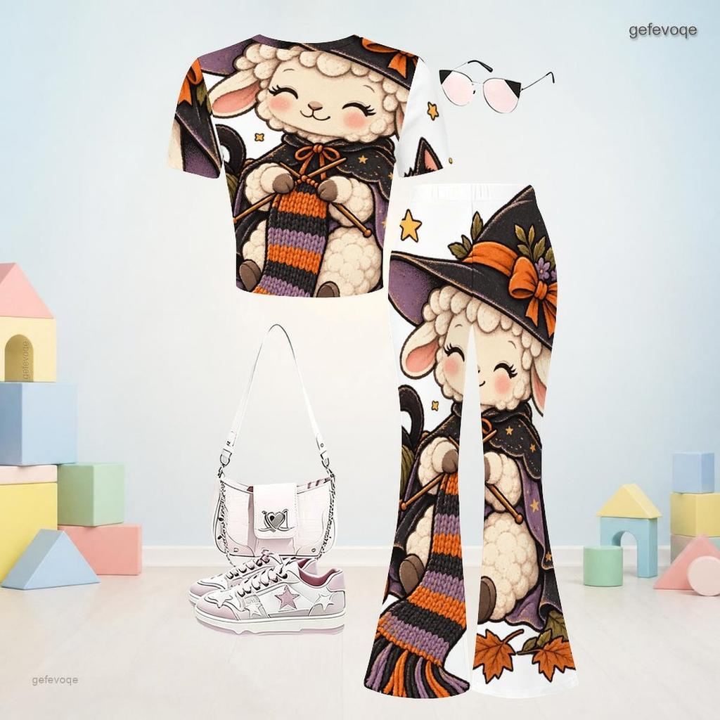 Girls Halloween Lamb Print Round Neck Short Sleeve Top And Flared Pants Two Piece Set
