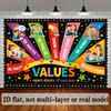 2D Positive Values Backdrop, Kids School Classroom Character Education Photo Booth Banner