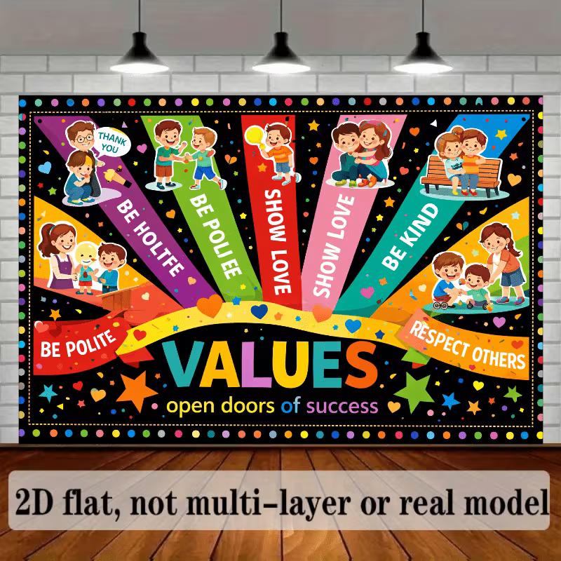 2D Positive Values Backdrop, Kids School Classroom Character Education Photo Booth Banner