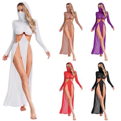 Sexy Sheer Mesh Dress for Women S-3XL Long Sleeves Maxi Dress with Hood & High Slit Hollow Out Coverup Beach Party Gown
