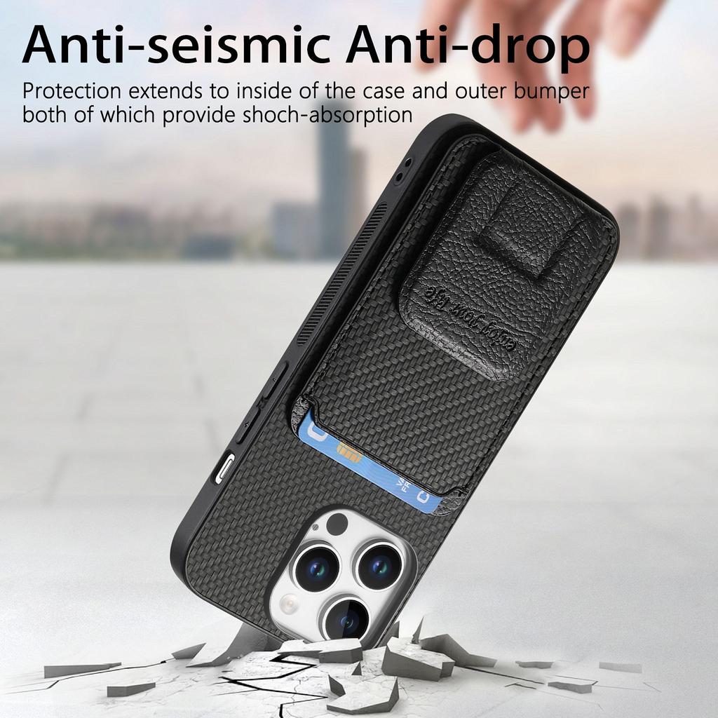 C1-11 for iPhone 16 Pro Max Case Card Holder Carbon Fiber Texture Leather Coated TPU Phone Cover