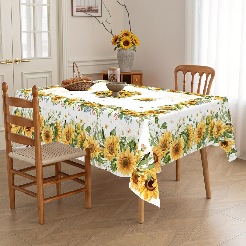 Sunflower Tablecloth Bee Floral Pattern Polyester Table Cover for Farmhouse Wedding Table Decor Spring Summer Party Supplies