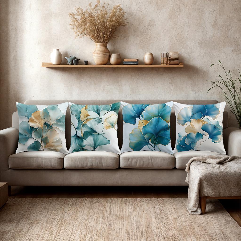 4-piece Polyester Ginkgo Leaf Pillowcase Set, Blue and Gold Mix, Suitable for Living Room Sofa and Bed, Ideal for Summer and All