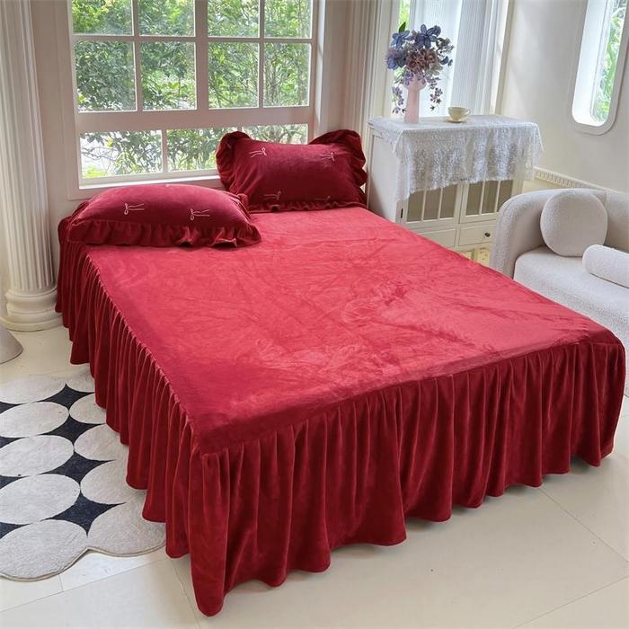 new solid color double-sided milk fleece bed skirt single piece no pillowcase winter flower household bed skirt