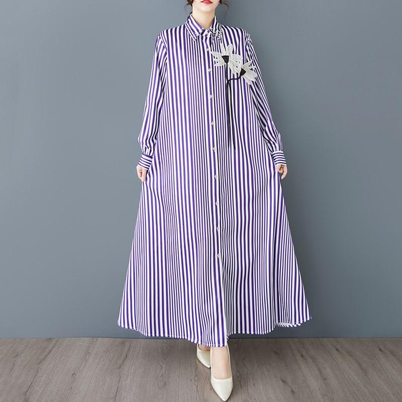 Long sleeve Plus size vintage Stripe floral new in dresses for women casual loose spring autumn Shirt dress