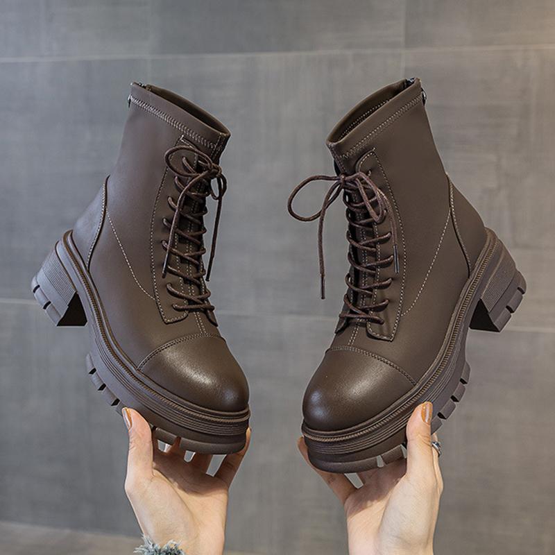 Autumn Winter Women's Thick Sole Boots Microfiber Leather New Motorcycle Boots Round Toe Chunky Shoes Winter Chelsea Boots 35-39