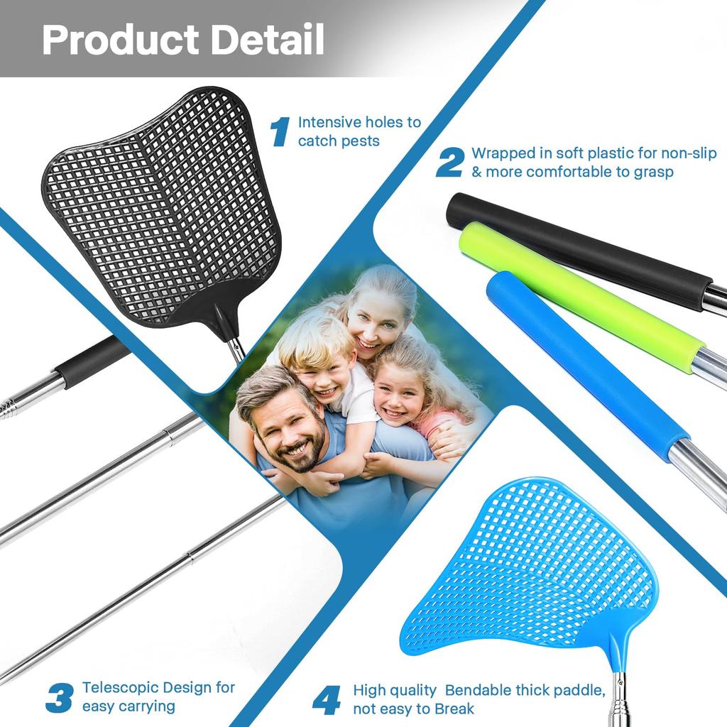 Fly Swatters- Telescopic Flyswatter Heavey Duty Set with Stainless Steel Extendable Handles for Indoor/Outdoor/Classroom/Office