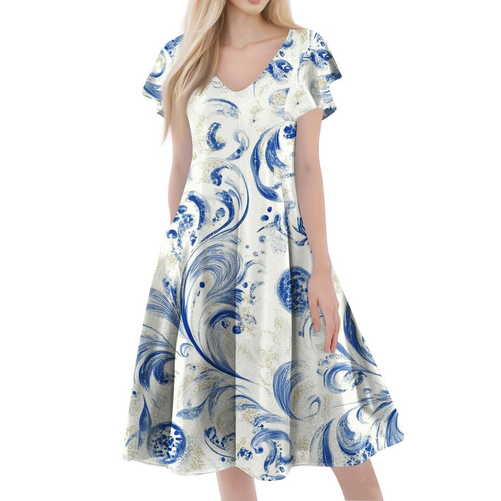 A Casual And Fashionable V-Neck Short-Sleeved Medium-Length Dress With Floral Prints For Women