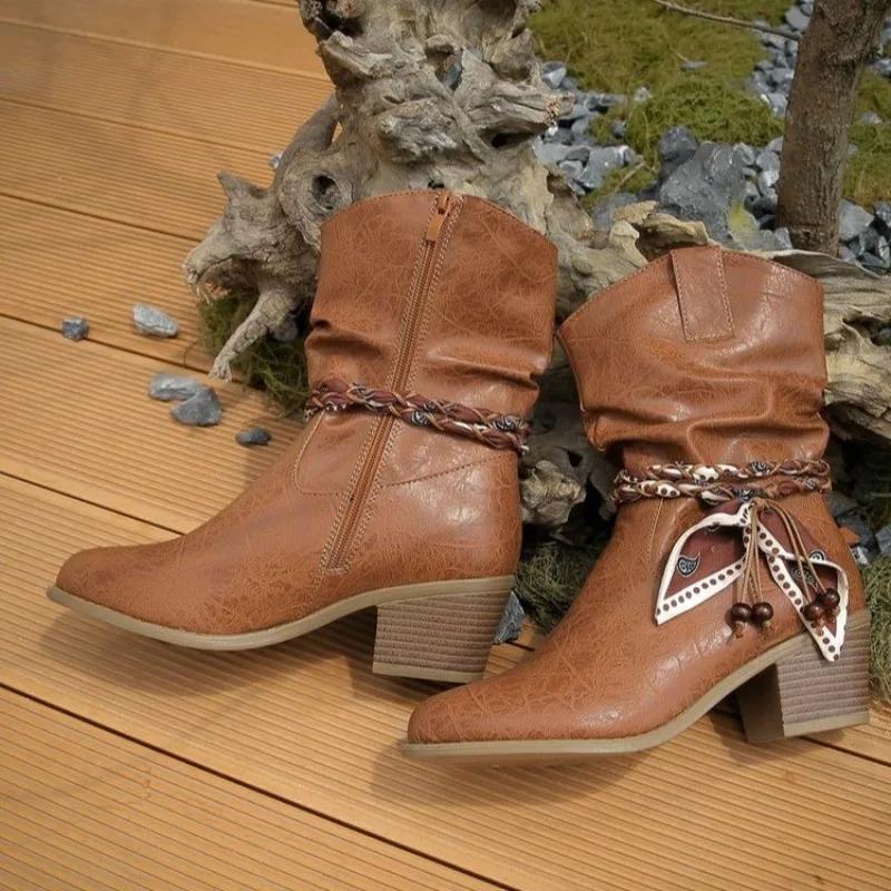 Women'S Western Boots Autumn And Winter Side Zipper High Heels Short Boots Retro Pointed Toe Chunky Heels Ankel Boots For Women