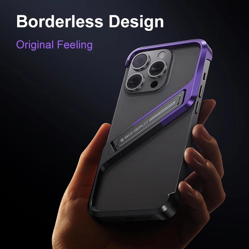 Luxury Metal Frameless Phone Case For Iphone 16 15 14 Pro Max With Stylish Geometric Stand, Ultimate Bare Metal Feel Phone Case