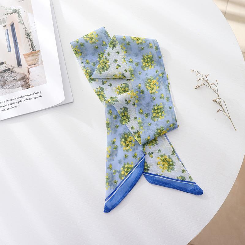 Summer French Retro Blue Tied Hair Small Floral Long Silk Scarf Headband Braided Hair Chiffon Thin Ribbon Scarf