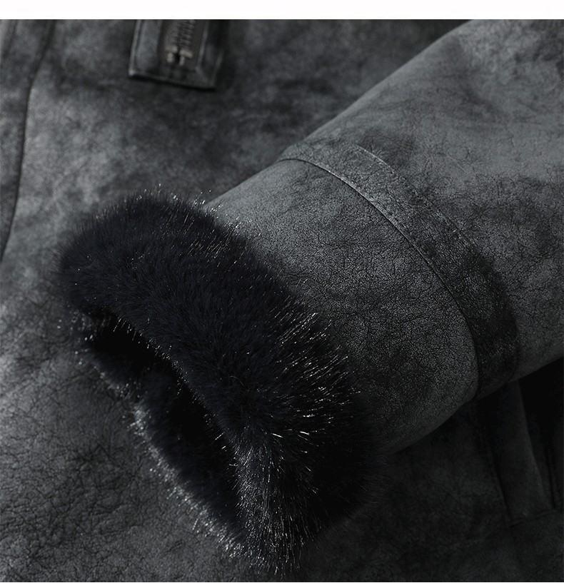 JK2035 Men's Plus Size Leather & Fur Lapel Jacket - Thickened Velvet for Autumn/Winter