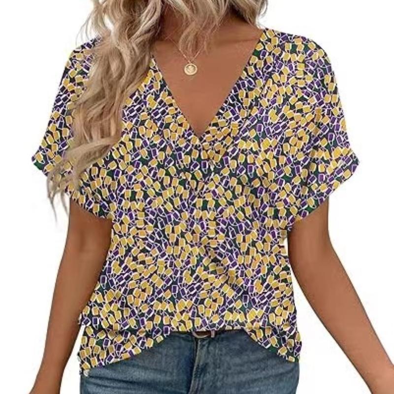 

Большой размер 2025 Лето Новинка Женский Цветной Круглый вырез Короткий рукав Однобортный Полиэстер Повседневный Свободный 3XL