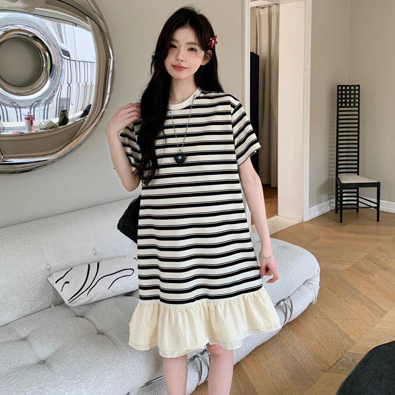 

Summer new small maternity dress lazy style thin medium and long loose splicing striped T-shirt skirt 3XL
