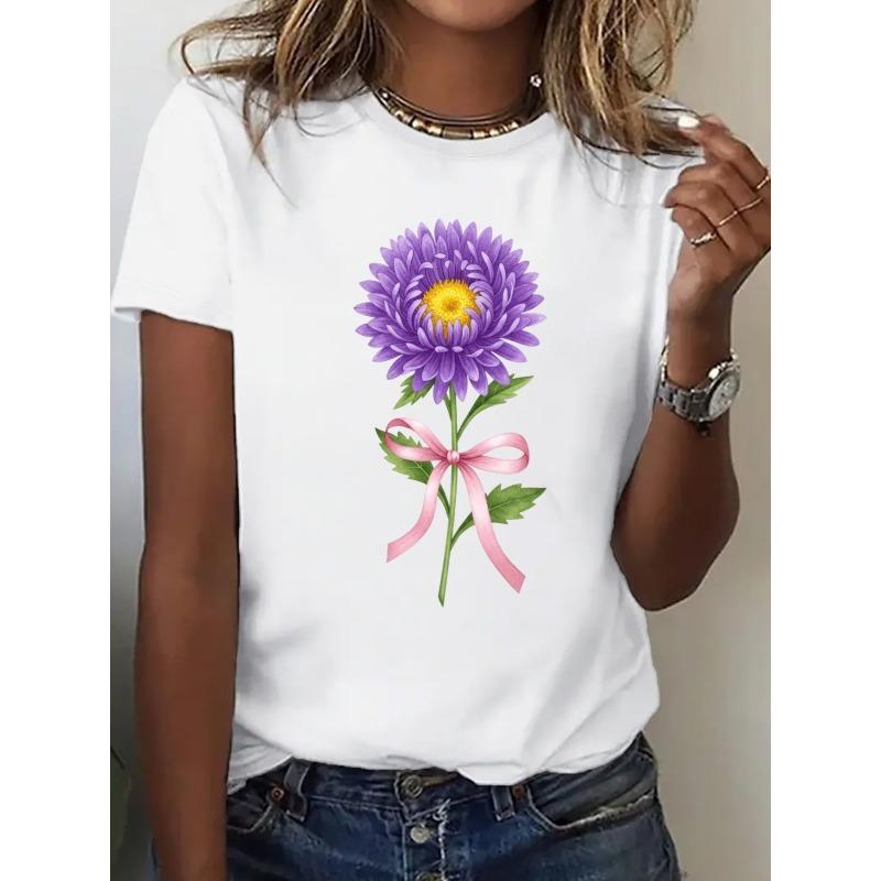 Plus Size, Women s Heavyweight 200gsm Oversized T-Shirt - Vintage Floral Graphic Tee with Purple & Yellow Blooms, S белый
