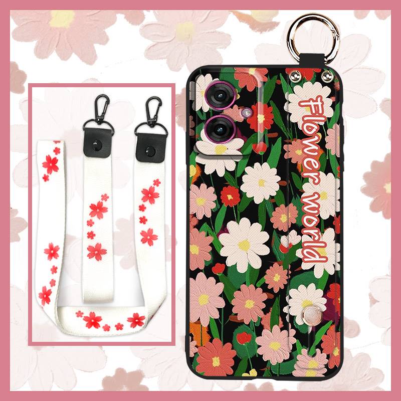 Soft case Wrist Strap Phone Case For MOTO G55 5G Oil Painting Flower Phone Holder Anti-dust Shockproof Lanyard Kickstand