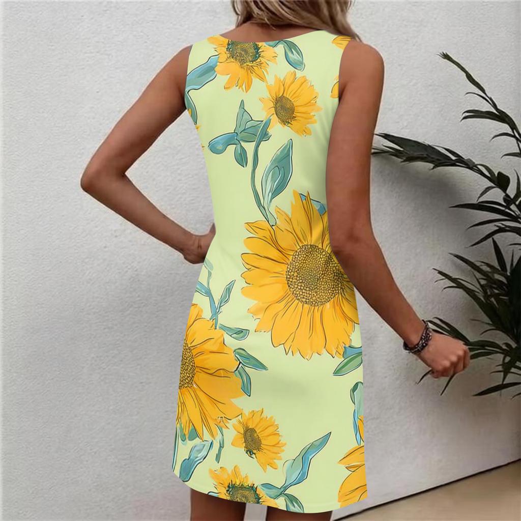 Robe d'été décontractée à fleurs pour femme, col rond, sans manches