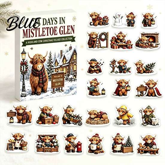 Christmas Tree Hanging Decorations 2026 Highland Cow Advent Calendar 24 Pcs 2D Flat Acrylic Festive Countdown Calendar Farmhouse Animal Ornaments,