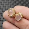 Ice Pink Chalcedony Egg-shaped Jade Earrings with Diamond Inlaid Agate Hibiscus Pink Jade