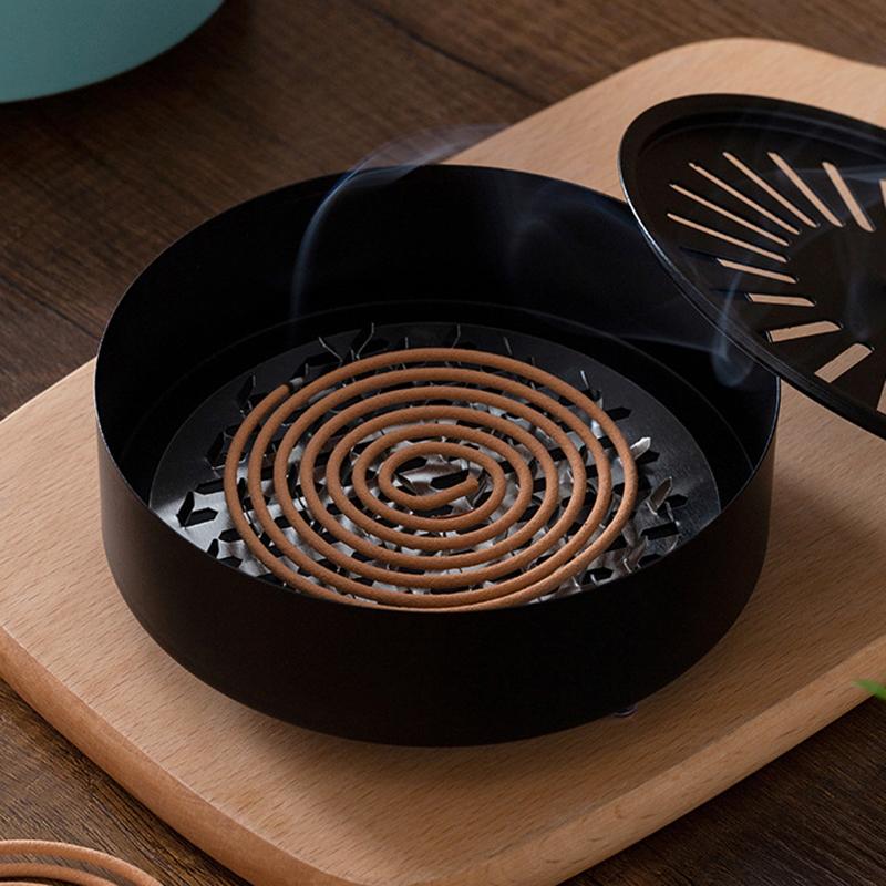 Mosquito Coils Holder Carbon Steel Paint Mosquito Coil Box with Cover Round Mosquito Coil Tray Easy Clean Anti-Mosquito Supplies