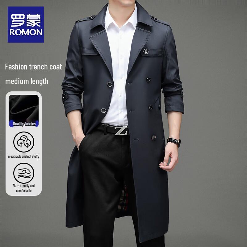 ROMON Men's Lapel Mid-Length Windbreaker Jacket