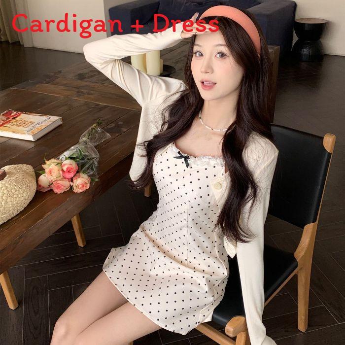 Summer Korean Style Butterfly Knot Polka Dot Slip Dress With Soft Polyester Fabric For Petite Women