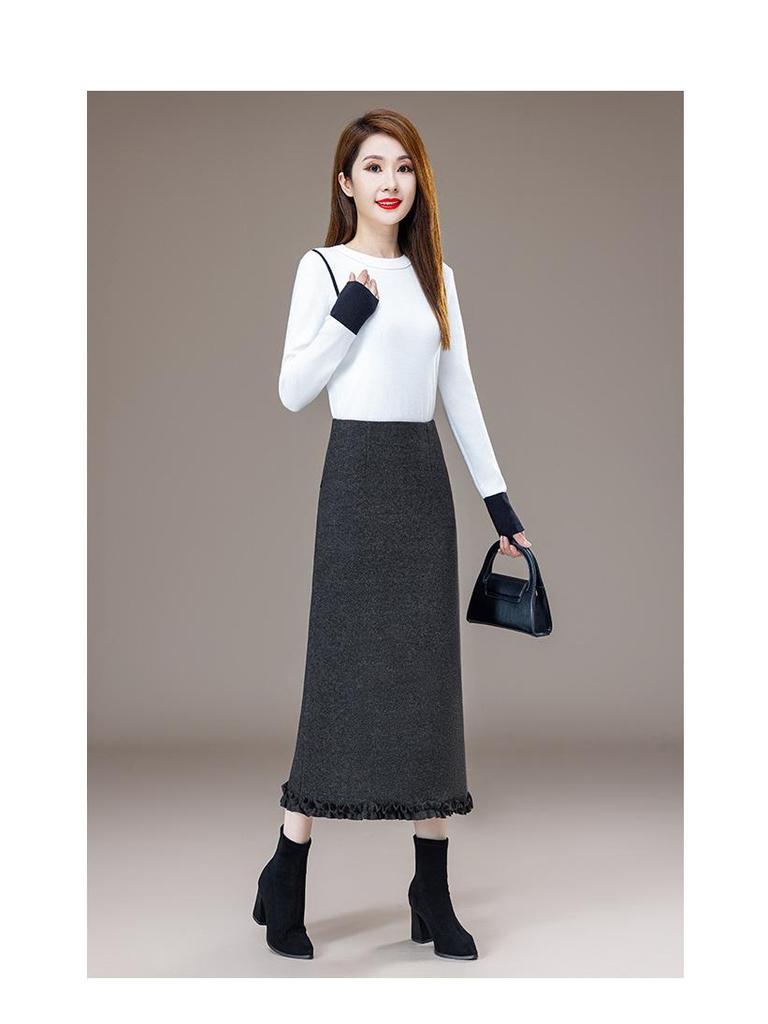Women's Plus Size High Waist A-Line Woolen Skirt with Lace Detail - Autumn/Winter