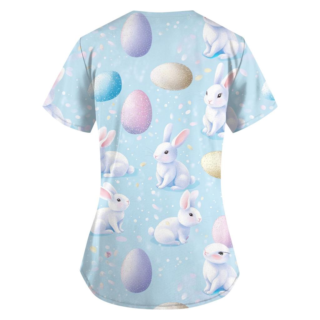 Women's Fashion V-Neck Short Sleeve Overalls With Pockets Easter Print Tops  Clothes