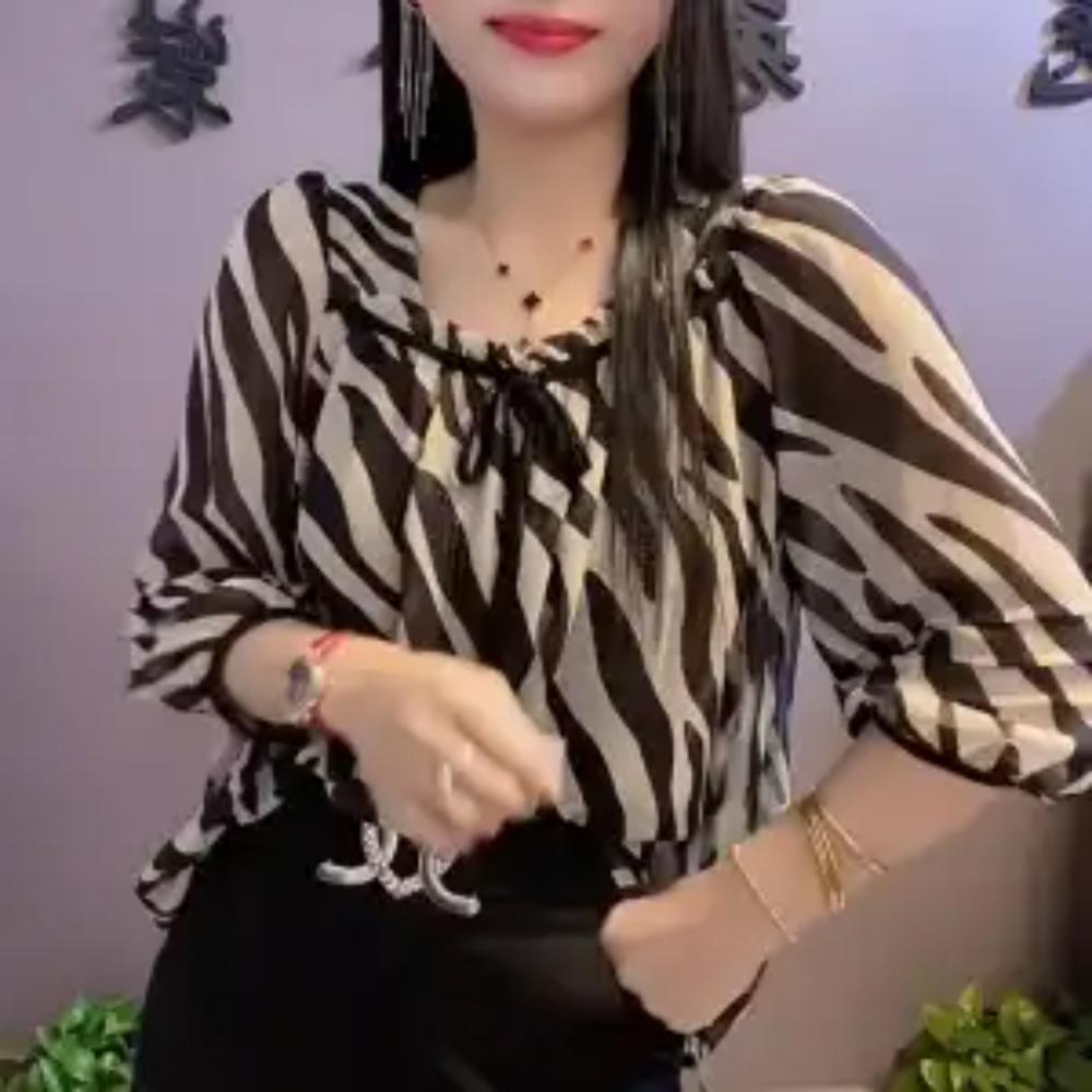 

Casual Striped Patchwork Printed Blouse Spring Summer Nine Quarter Sleeve Female Clothing Fashion Shirring Drawstring Bow Shirt XXXL чорний