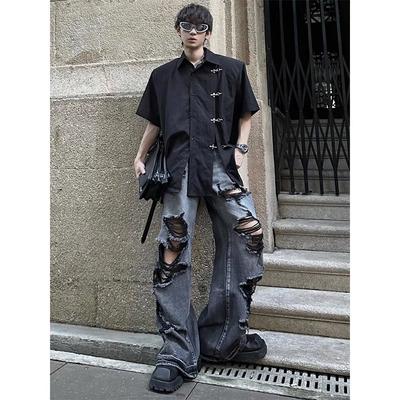 Calças de Jeans Masculinas Vintage Y2K Perna Larga High Street Hip Hop Soltas Rasgadas Verão Estilo Americano Calças Jeans Longas
