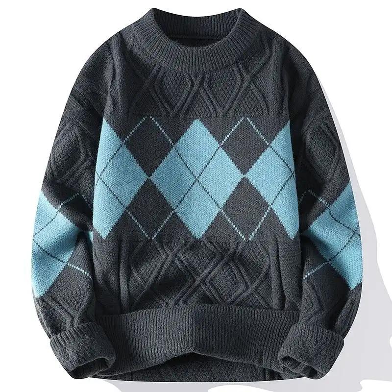Contrast Color Long-sleeved Sweater Autumn and Winter Loose Bottoming Thickened Round Neck Men's Knitted Sweater Top