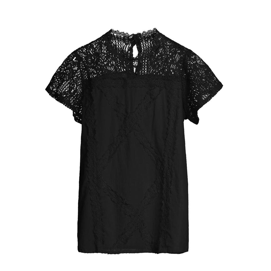 Women's Cute Lace Blouse Top Short Sleeve Lace Hollow Out Turtle Neck T Shirt